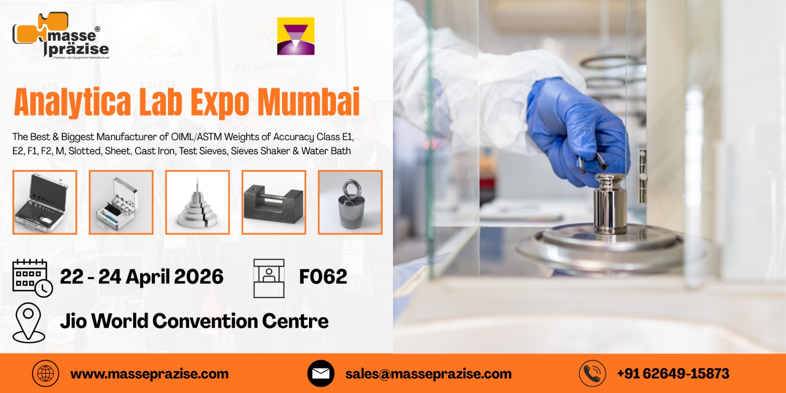 Masse Prazise at Analytica Lab India Mumbai 2026 India's Biggest OIML/ASTM Weight Manufacturer Welcomes You to Stand F062